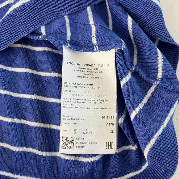 Escada Shirt Women's Size XL Blue Striped Short Sleeve Cotton Round Neck - Picture 8 of 9